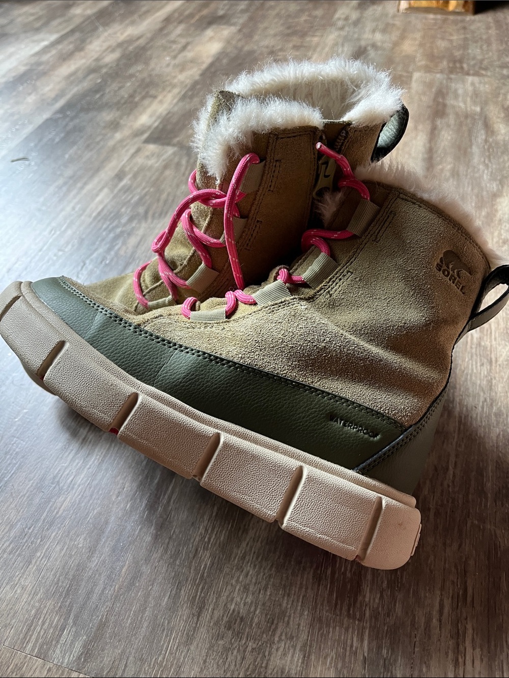 Sorel Kids Olive Suede & Green Rubber Winter Boot with Pink Laces